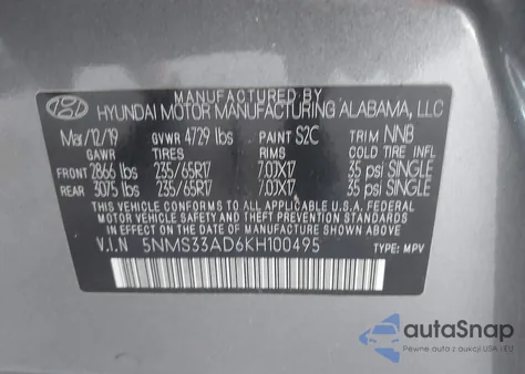 2019 Hyundai Santa Fe Sel z USA, uszkodzony, nr VIN 5NMS33AD6KH100495